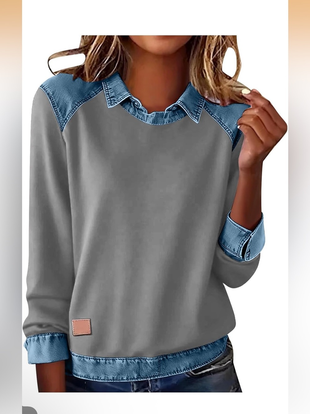 Tiaford NWOT  LIGHT GRAY HEATHERED SWEATSHIRT DENIM COLLAR CUFFS Pullover Top